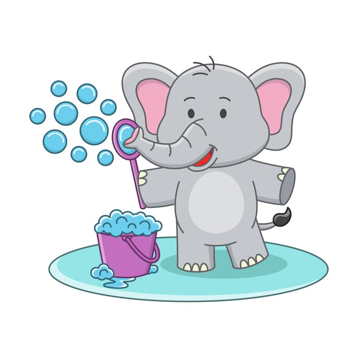 Ilustración de dibujos animados de un lindo elefante jugando con un juguete de pompas de jabón