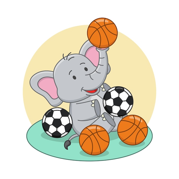 Ilustración de dibujos animados de lindo elefante jugando a la pelota
