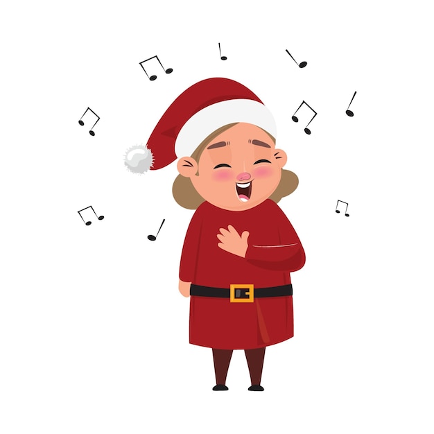 Vector ilustración de dibujos animados de un lindo elfo navideño cantando una canción y notas musicales alrededor