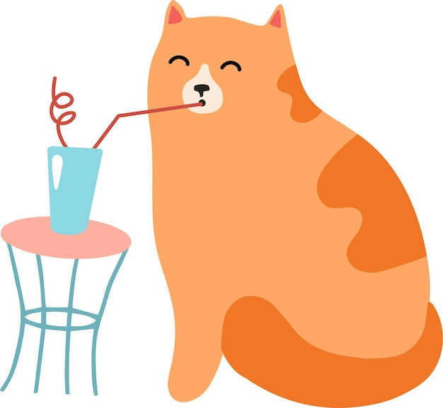 Ilustración de dibujos animados de un lindo gato naranja disfrutando de una bebida refrescante a través de una paja roja sentado junto a una pequeña mesa con un vaso en ella que transmite una sensación de relajación y diversión