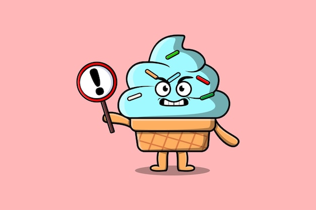 Ilustración de dibujos animados lindo Helado con tablero de signos de exclamación en un diseño plano de estilo moderno