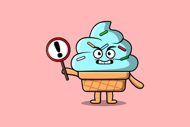 Vector ilustración de dibujos animados lindo helado con tablero de signos de exclamación en un diseño plano de estilo moderno