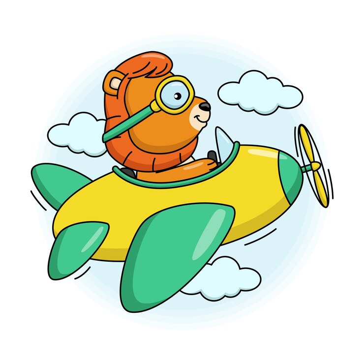 Ilustración de dibujos animados de lindo león volando en un avión