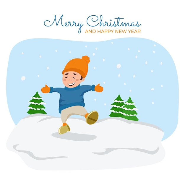 Ilustración de dibujos animados de lindo niño feliz bailando en la nieve