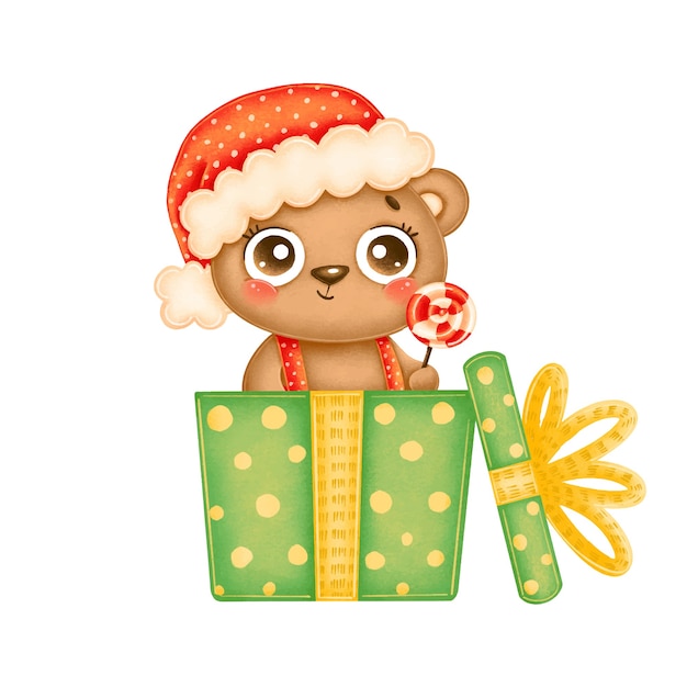 Ilustración de dibujos animados lindo oso de navidad con sombrero rojo con piruleta en una caja de regalo verde