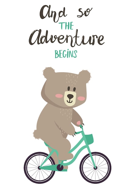 Ilustración dibujos animados lindo oso niño andar en bicicleta y letras y así comienza la aventura