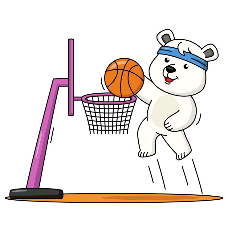 Ilustración de dibujos animados de lindo oso polar jugando baloncesto