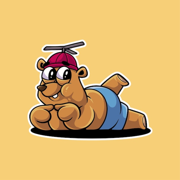 Vector ilustración de dibujos animados de un lindo oso con un sombrero de hélice en una pose divertida