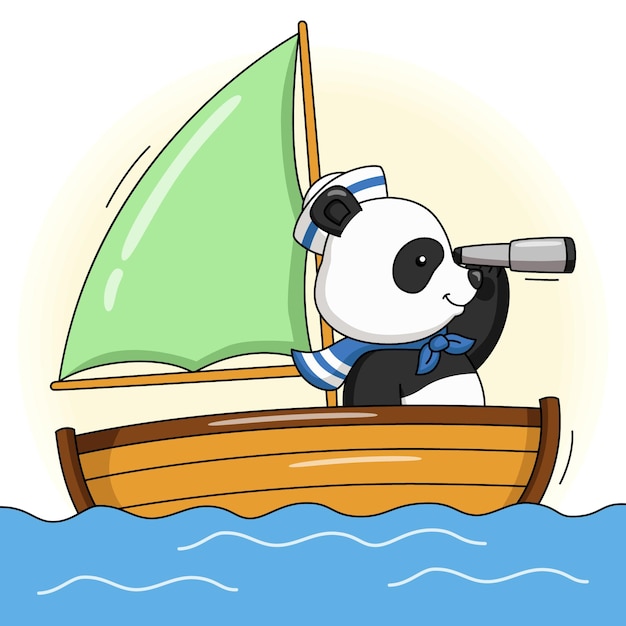Ilustración de dibujos animados de un lindo panda marinero en un barco