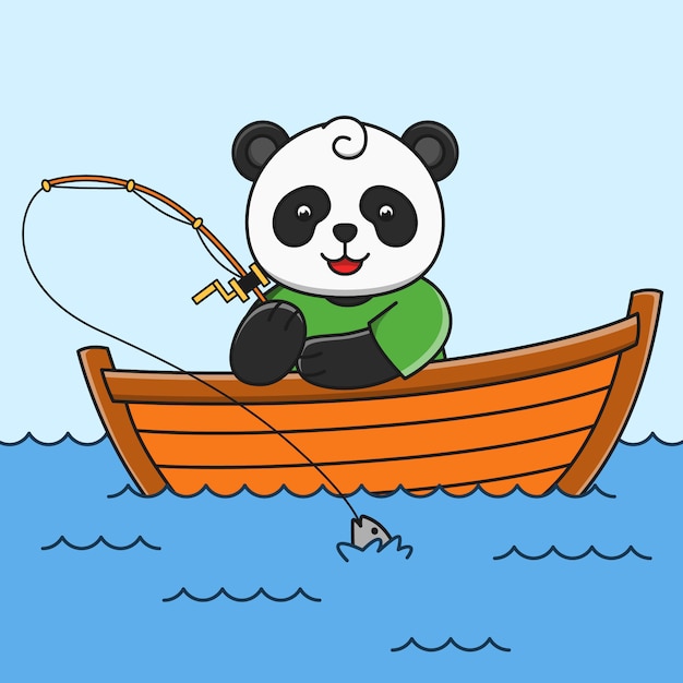 Ilustración de dibujos animados lindo panda pesca peces