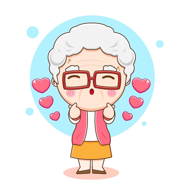 Ilustración de dibujos animados de lindo personaje de abuela posando amor dedo