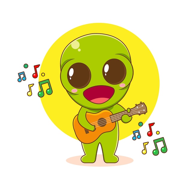 Ilustración de dibujos animados de lindo personaje alienígena tocando la guitarra