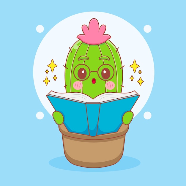 Ilustración de dibujos animados de lindo personaje de cactus nerd con gafas leyendo un libro