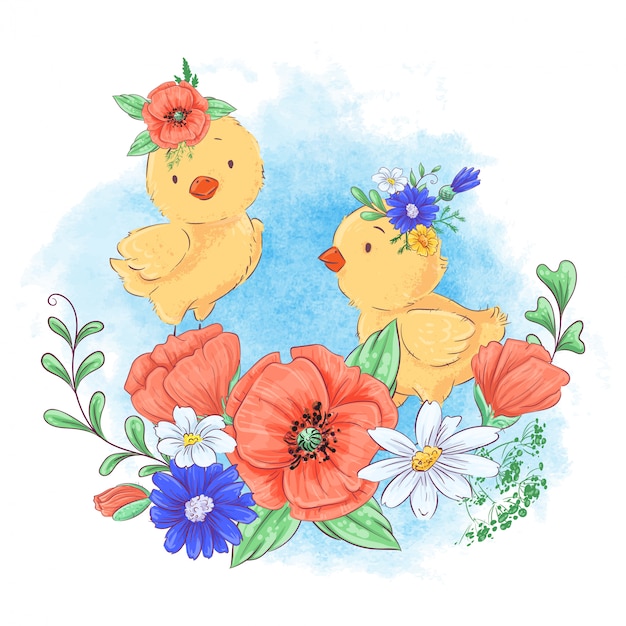 Ilustración de dibujos animados de un lindo pollo en una corona de flores rojas