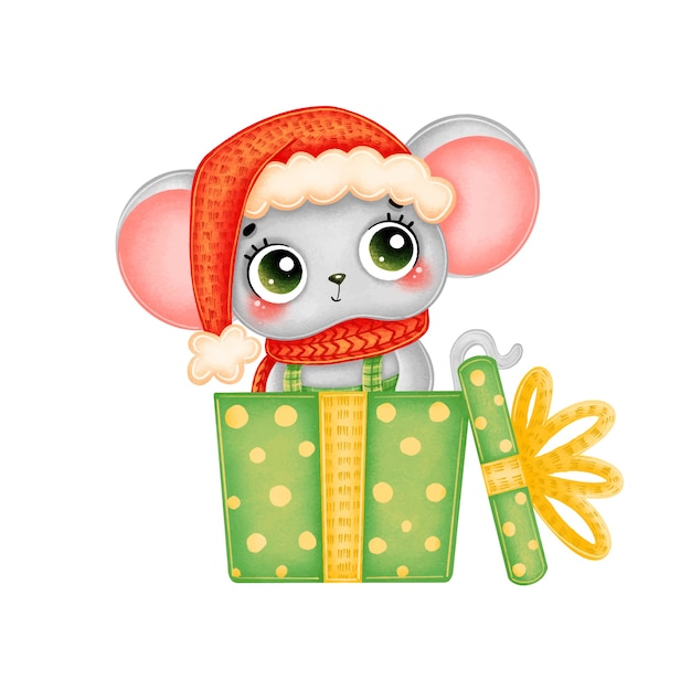 Ilustración de dibujos animados lindo ratón de navidad con sombrero rojo y bufanda en una caja de regalo verde