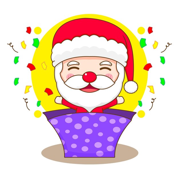 Ilustración de dibujos animados de lindo Santa Claus salió del personaje de chibi de caja de regalo