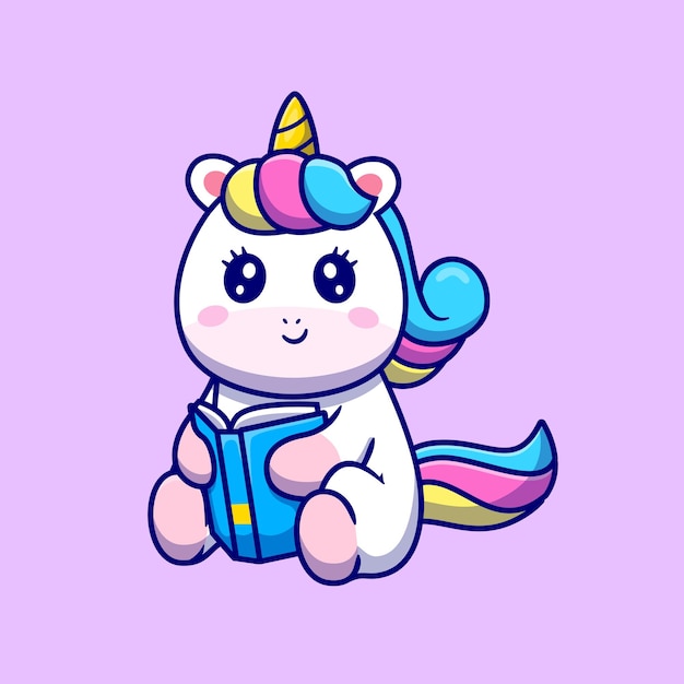 Vector ilustración de dibujos animados lindo unicornio leyendo libro