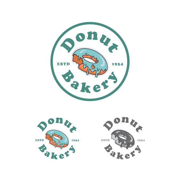 Ilustración de dibujos animados Logotipo de la panadería de rosquillas con variación colorida y monocromática
