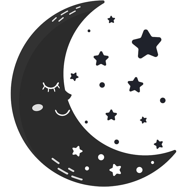 Ilustración de dibujos animados de la luna dormida con estrellas de color blanco y negro aisladas sobre un fondo blanco