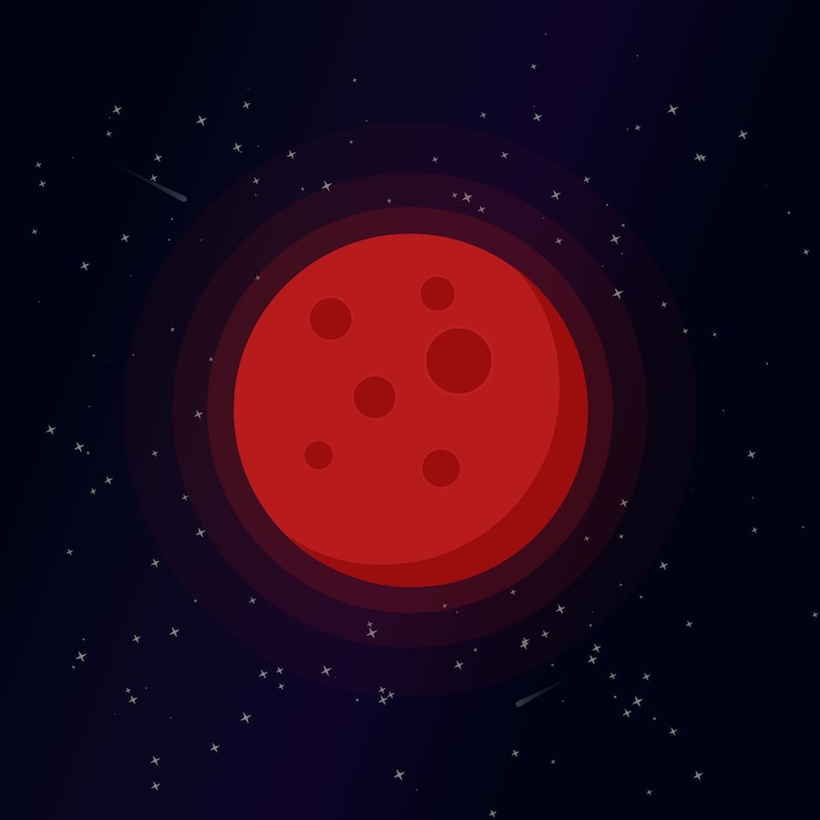 Ilustración de dibujos animados de luna de sangre, lindo clip art de vector de luna llena, luna aislada sobre fondo de noche estrellada.