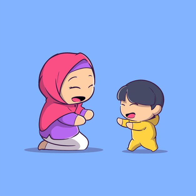 Ilustración de dibujos animados de una madre jugando con su hijo