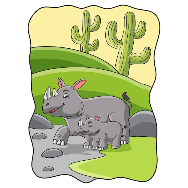 Ilustración de dibujos animados madre rinoceronte con sus cachorros caminando en el bosque