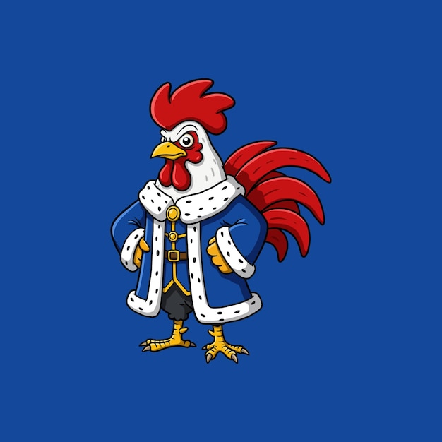 Ilustración de dibujos animados del majestuoso rey gallo en traje real