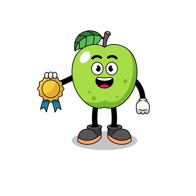 Ilustración de dibujos animados de manzana verde con diseño de personajes de medalla de satisfacción garantizada