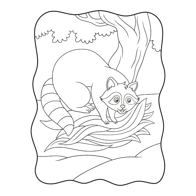 Ilustración de dibujos animados El mapache está recogiendo hojas de un árbol grande para hacer un nido para que viva en un libro o página para niños en blanco y negro