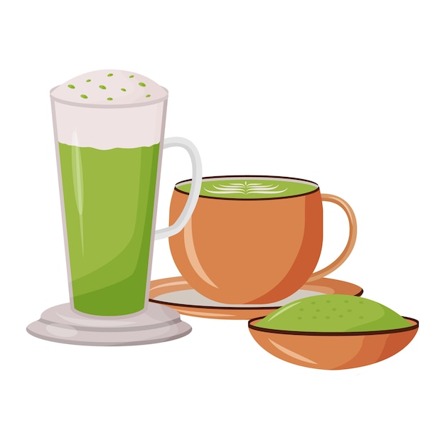 Ilustración de dibujos animados de Matcha latte. Taza alta de vidrio. Polvo de bambú en soucer. Menú de cafetería. Té verde en tazas objeto de color plano. Bebidas a base de hierbas nutritivas aisladas sobre fondo blanco
