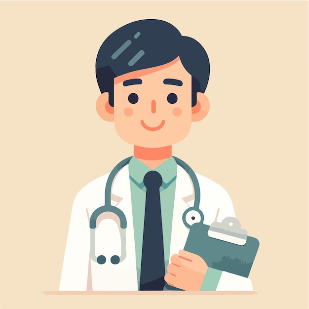 Ilustración de dibujos animados de un médico en una bata blanca con un estetoscopio alrededor de su cuello
