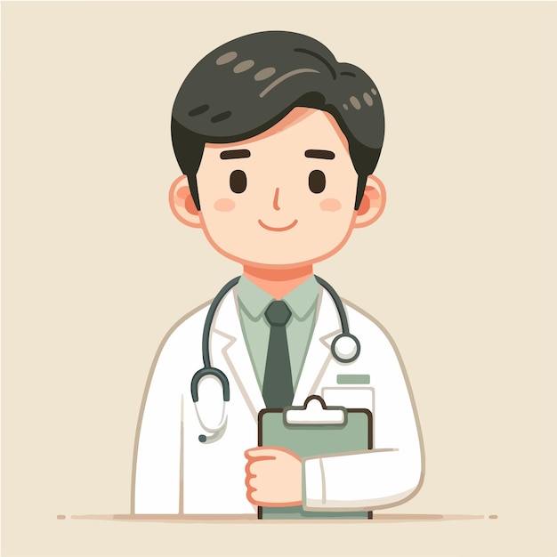 Ilustración de dibujos animados de un médico en una bata blanca con un estetoscopio alrededor de su cuello
