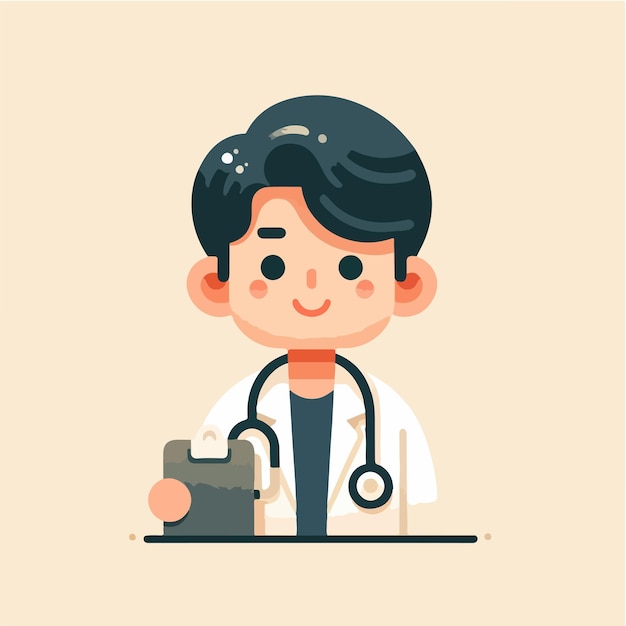 Ilustración de dibujos animados de un médico en una bata blanca con un estetoscopio alrededor de su cuello