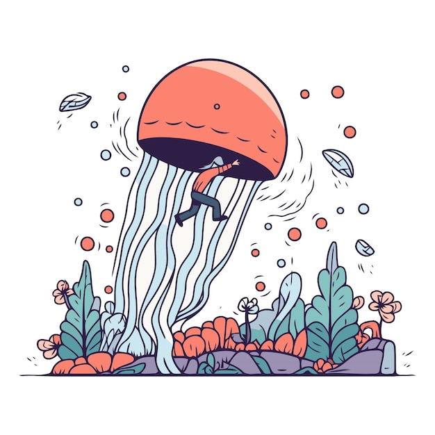 Vector ilustración de dibujos animados de medusas flotando en el mar