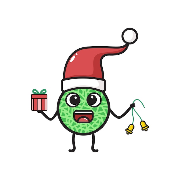 Una ilustración de dibujos animados de melón con un sombrero de navidad y un regalo de navidad