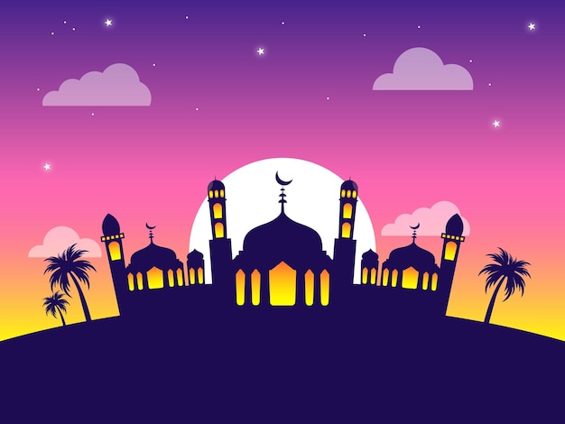 Una ilustración de dibujos animados de una mezquita con una luna y estrellas en la parte inferior.