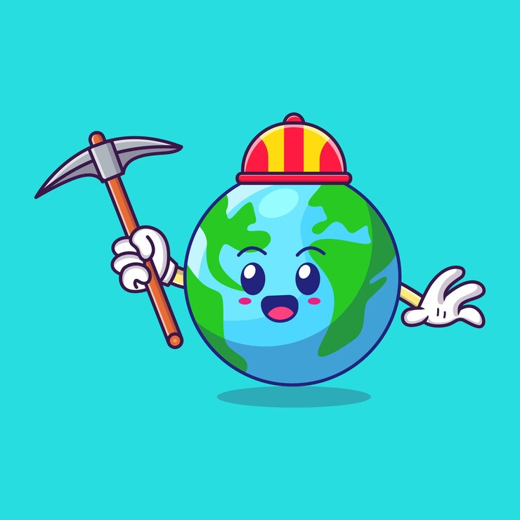 Ilustración de dibujos animados de minería con un personaje de Happy Earth sosteniendo un pico
