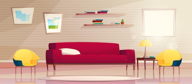Ilustración de dibujos animados de la moderna sala de estar con muebles. Un sofá rojo y sillones amarillos, una ventana con sol, cuadros en la pared y en el estante. Concepto minimalista interior.
