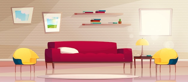 Ilustración de dibujos animados de la moderna sala de estar con muebles. un sofá rojo y sillones amarillos, una ventana con sol, cuadros en la pared y en el estante. concepto minimalista interior.