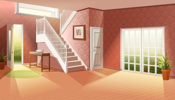 Vector ilustración de dibujos animados sin muebles. gran salón vacío con grandes ventanales que dan al jardín y entrada con grandes escaleras.