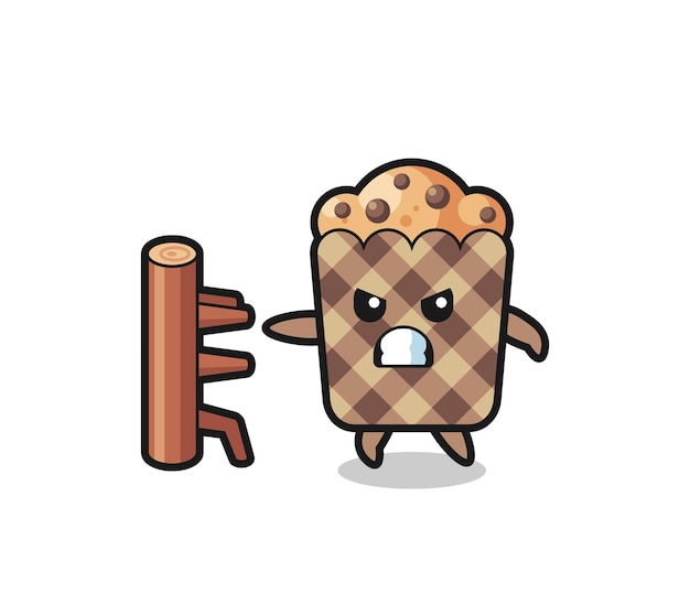 Ilustración de dibujos animados de muffin como un luchador de karate, diseño lindo