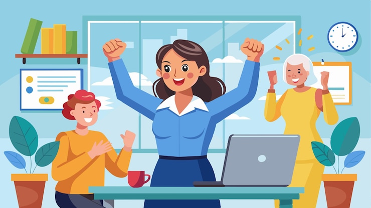 Vector una ilustración de dibujos animados de una mujer con los brazos levantados frente a una computadora portátil