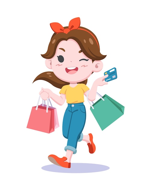 Ilustración de dibujos animados de mujer de compras de estilo lindo