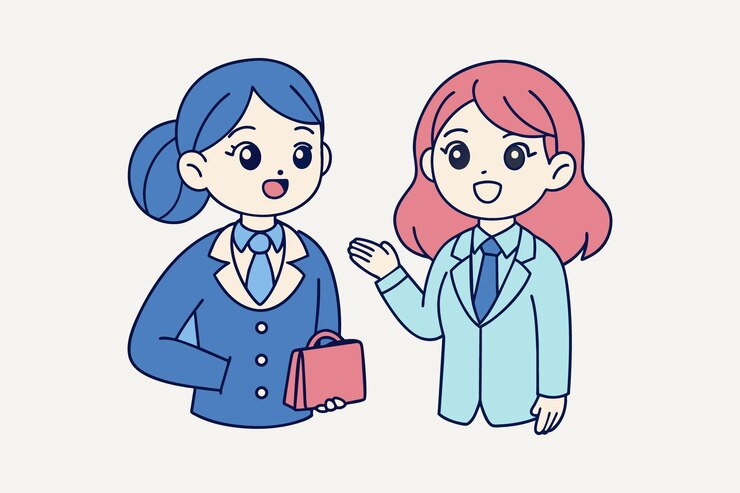 Una ilustración de dibujos animados de una mujer que ofrece orientación y orientación a un colega más joven