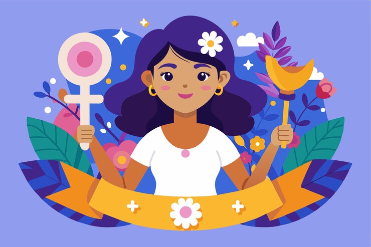 Vector una ilustración de dibujos animados de una mujer que sostiene un símbolo femenino y una luna creciente rodeada de flores y vegetación día de la igualdad de las mujeres ilustración de caricaturas personalizable