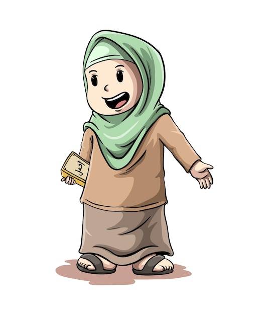 Ilustración de dibujos animados de una mujer sonriente llevando un libro sagrado