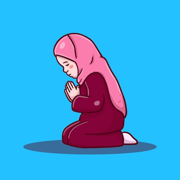 Ilustración de dibujos animados Muslimah rezar en fondo azul diseño vectorial