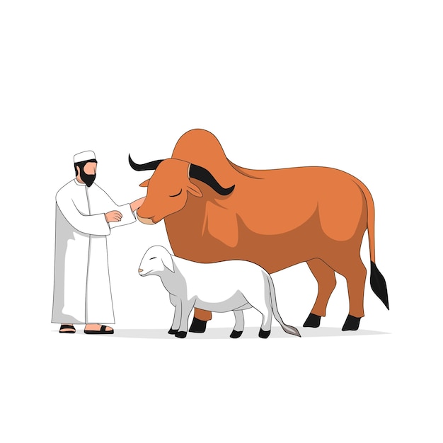 Ilustración de dibujos animados de musulmanes celebrando el Eid alAdha trayendo animales de sacrificio