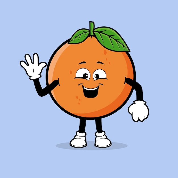 Vector ilustración de dibujos animados de una naranja con una cara sonriente y una mano saludando.