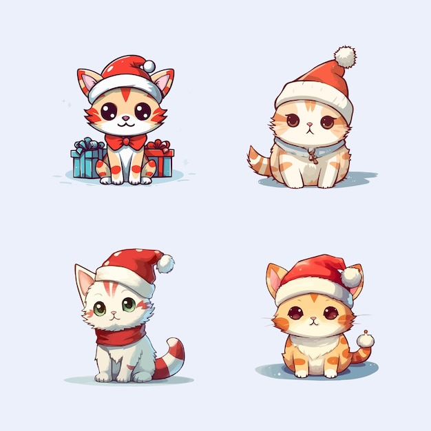 Ilustración de dibujos animados de Navidad dibujada a mano con gato con sombrero de Santa Claus